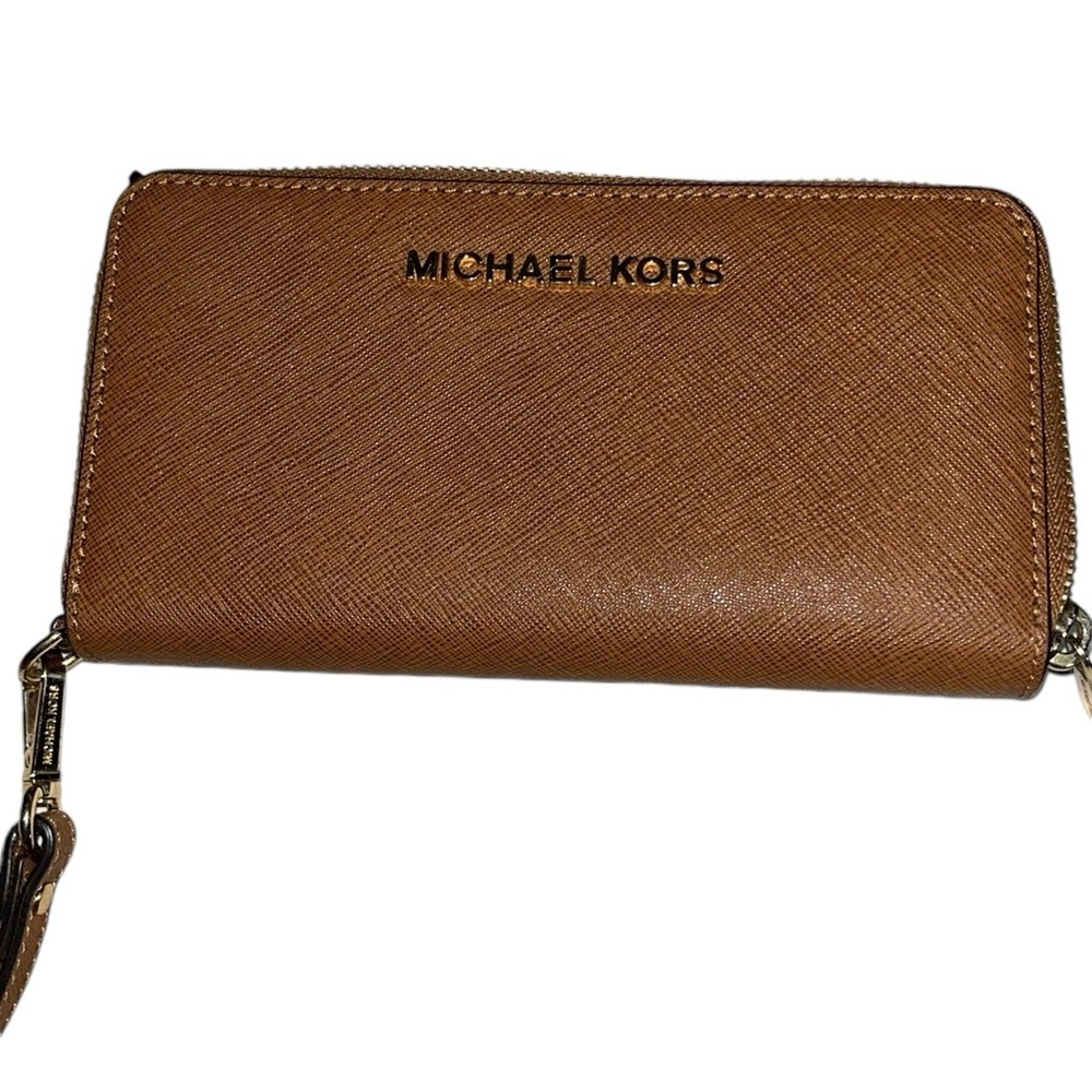 Micheal Kors brown saffiano leather wristlet phone wallet , card case